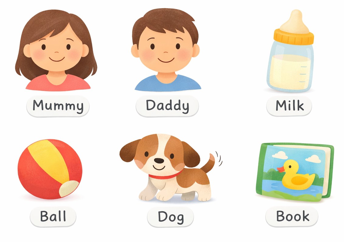 Everyday first words for babies illustrated