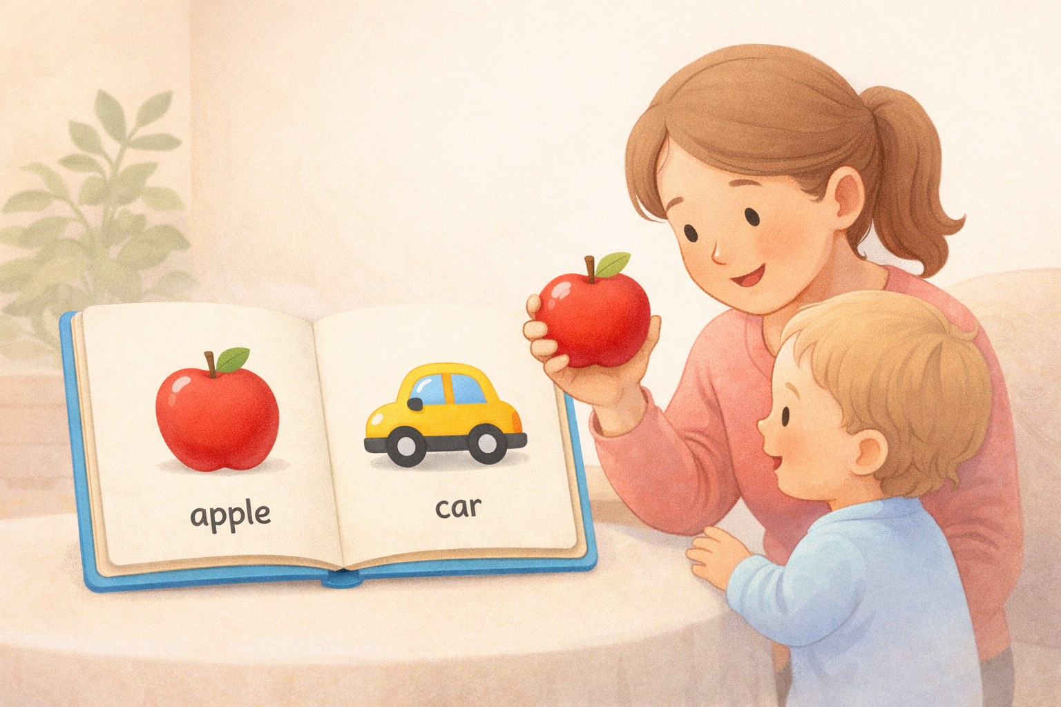 Parent helping toddler connect picture book words to real objects