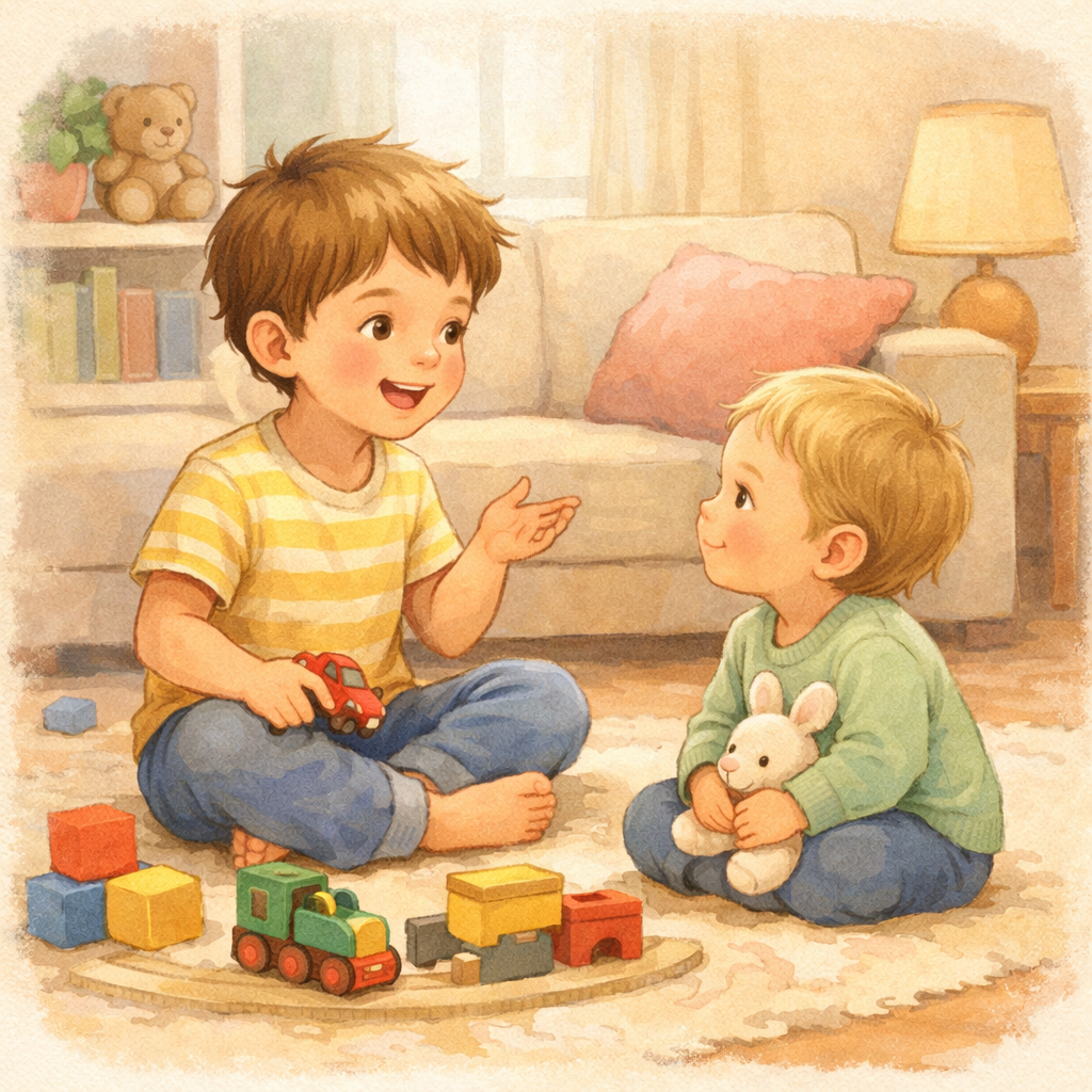 Younger sibling listening to an older sibling talking during play