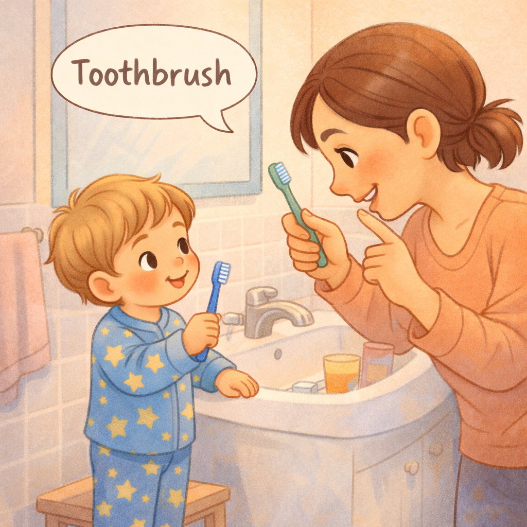Parent helping a toddler brush their teeth during an evening routine
