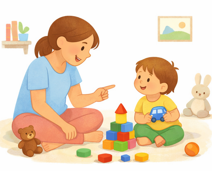 Parent talking naturally during play to support first word learning