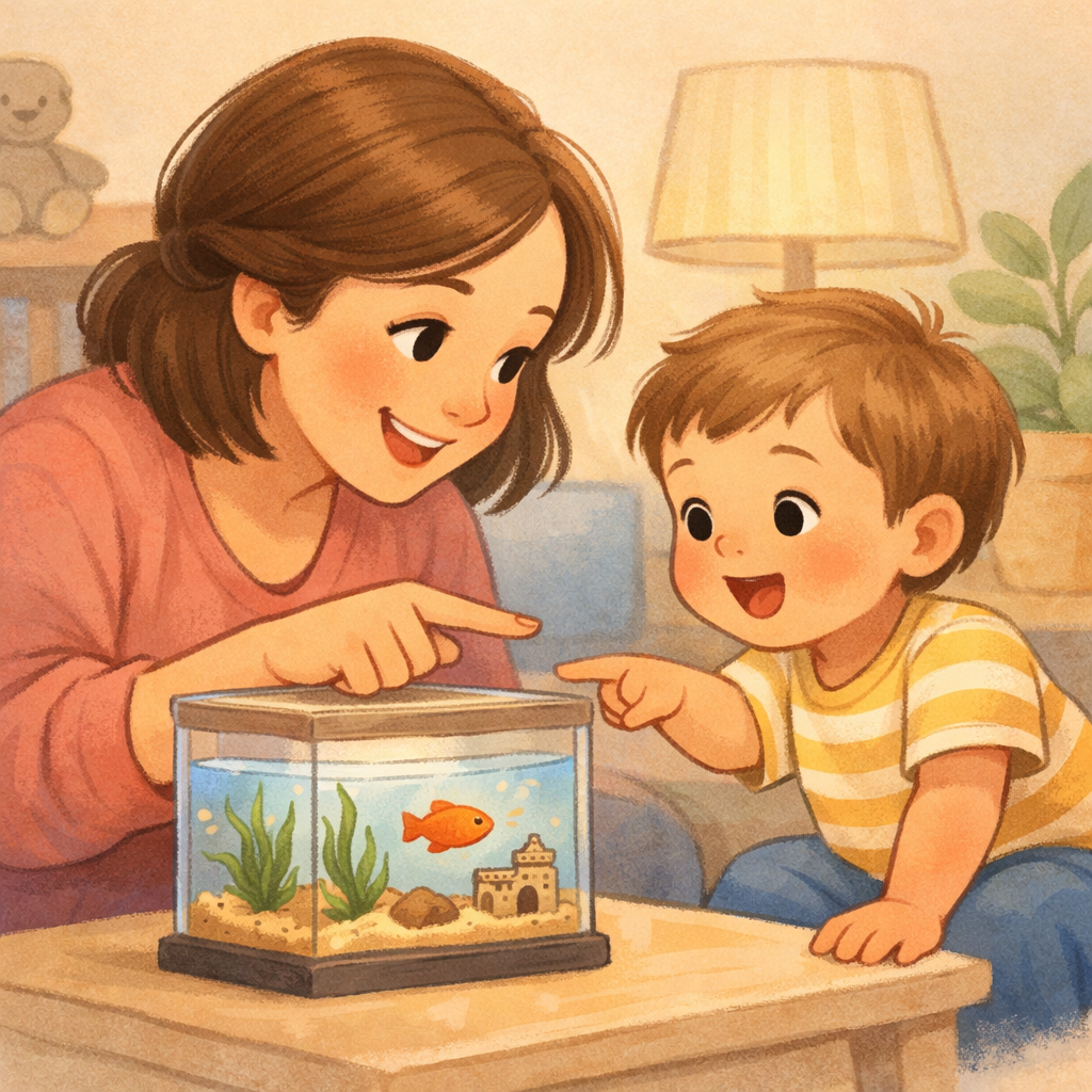 Parent and toddler noticing and talking about something together.
