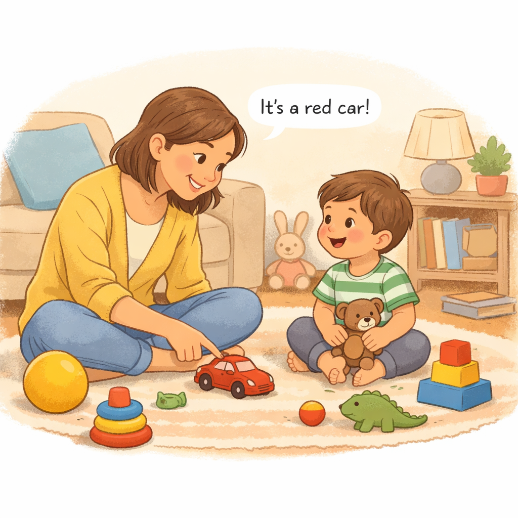 Parent and toddler talking together during floor play