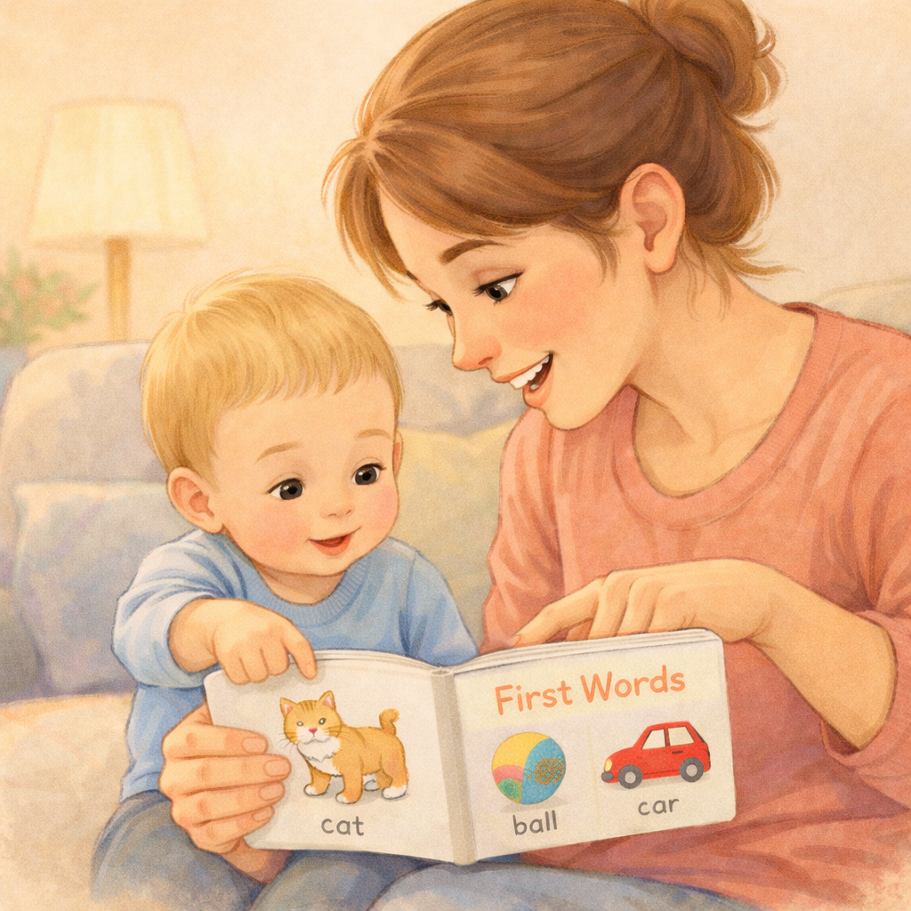 Parent and toddler sharing a first words book