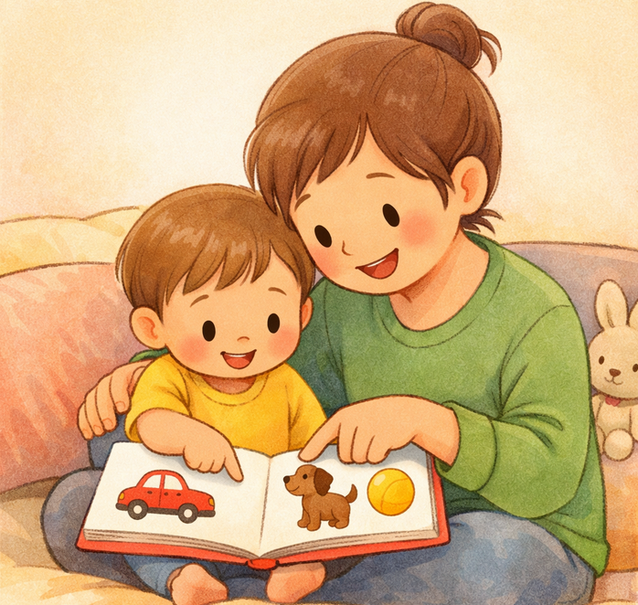 Parent reading a first words book with their toddler