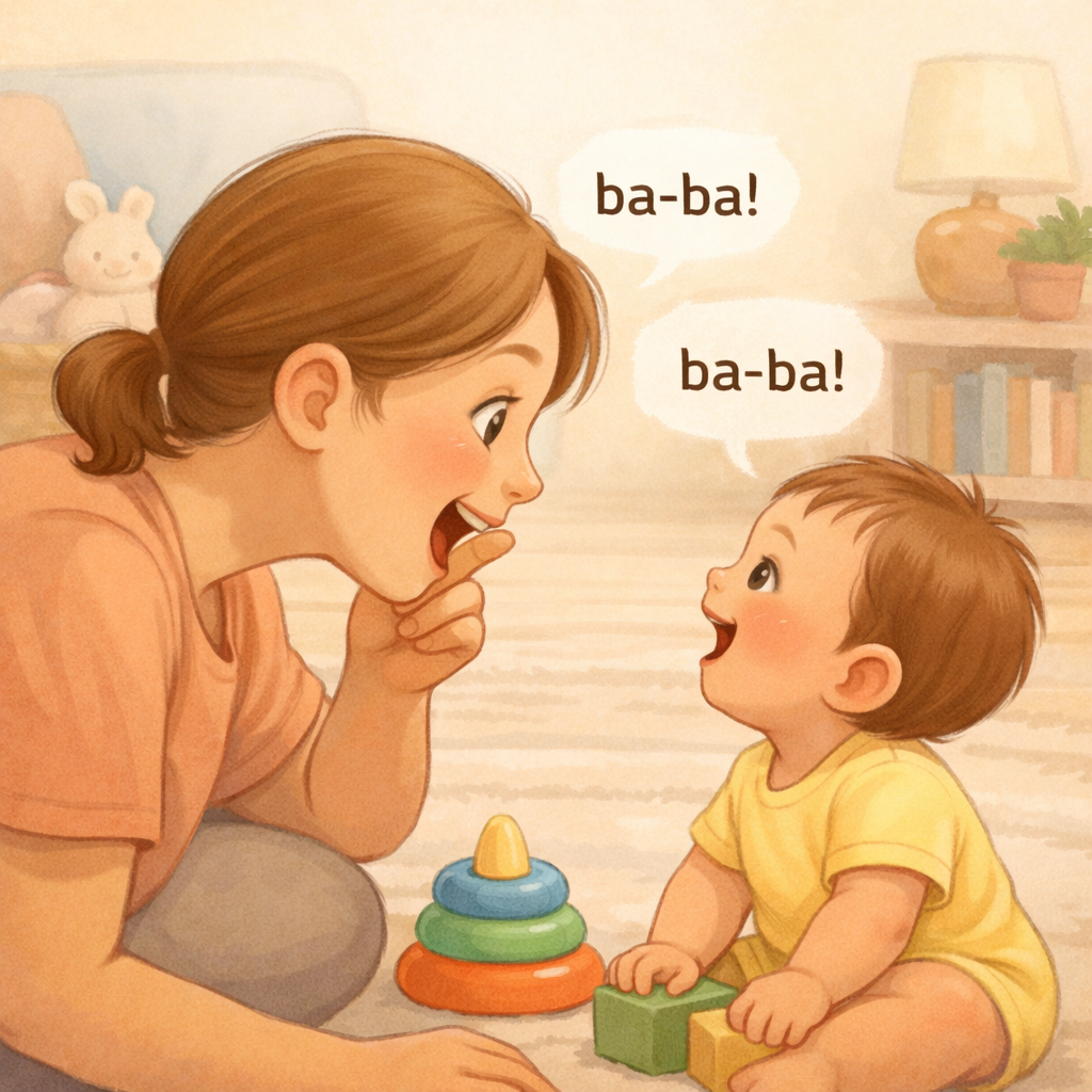 Parent copying baby babbling sounds during play
