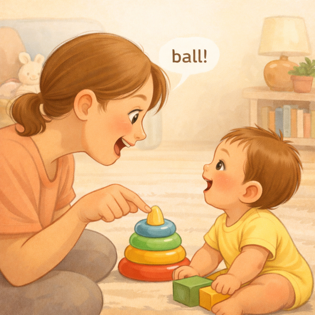 Parent responding to baby babbling by naming objects