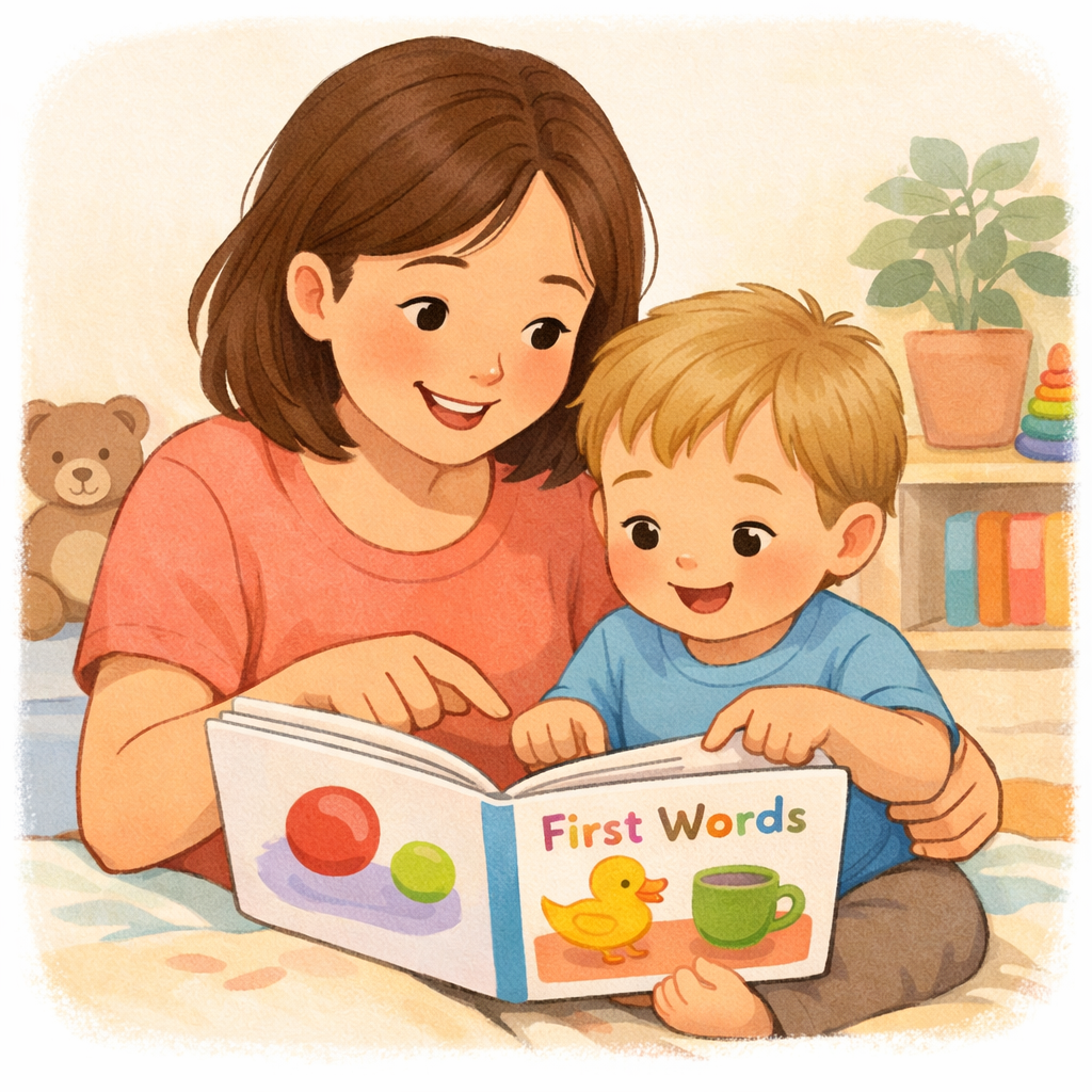 Parent reading a first words book with a toddler before bedtime