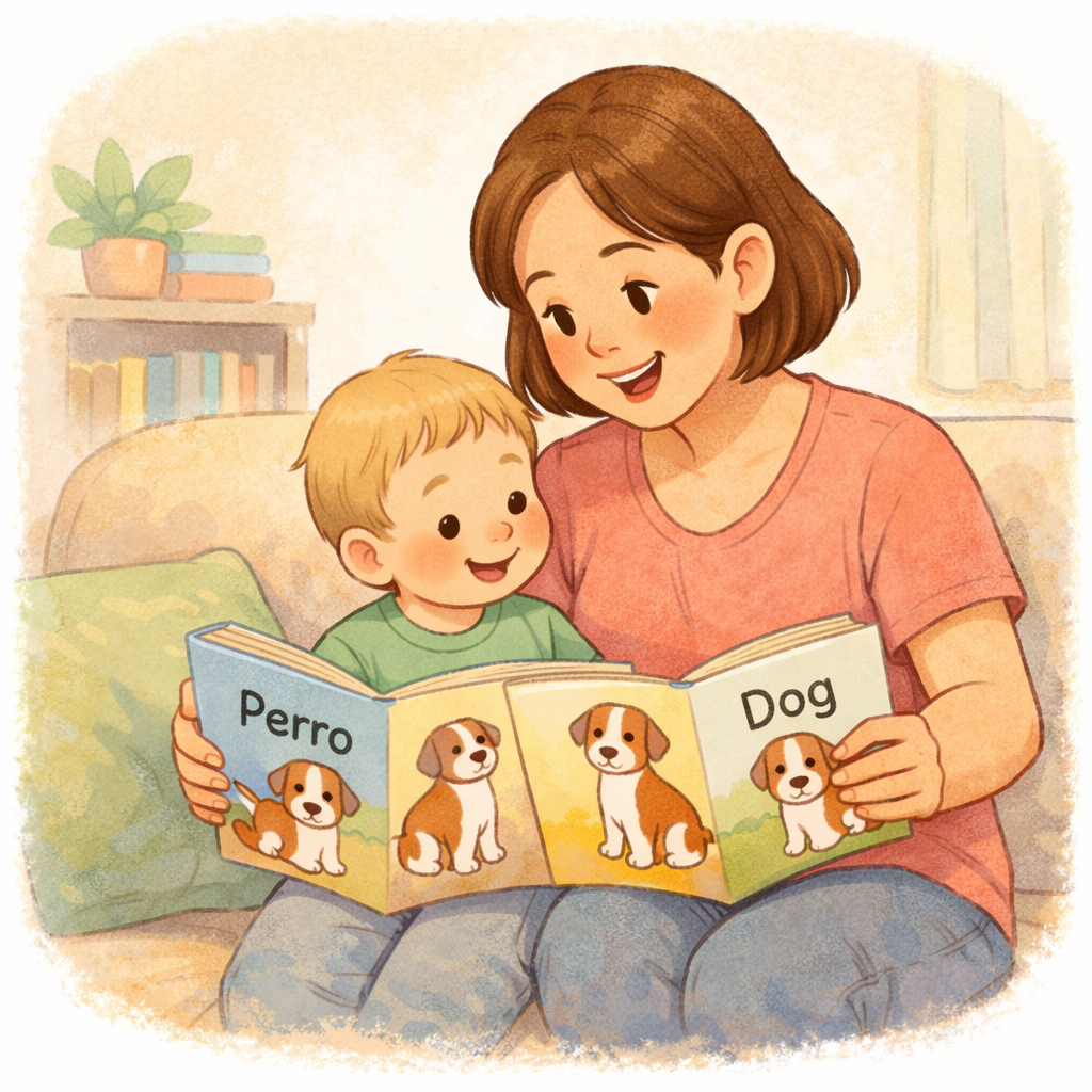 Parent reading picture books in two languages with a toddler