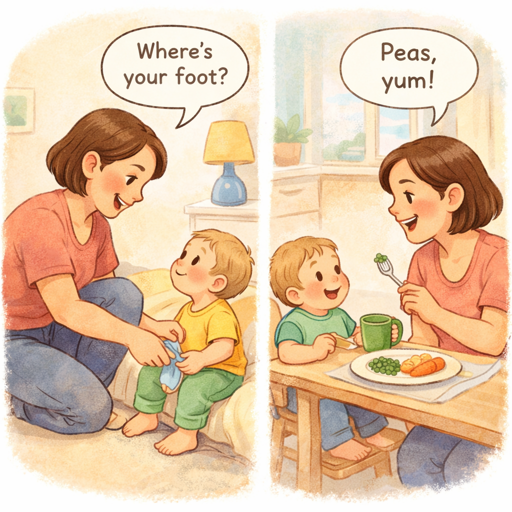 Parent talking to a toddler during everyday routines