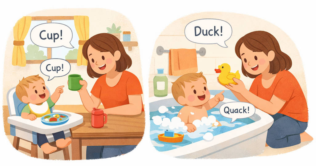 Parent naming everyday objects during daily routines to help baby learn first words