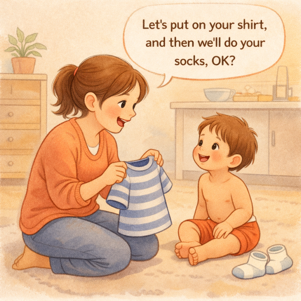 Parent talking through everyday routines with a toddler