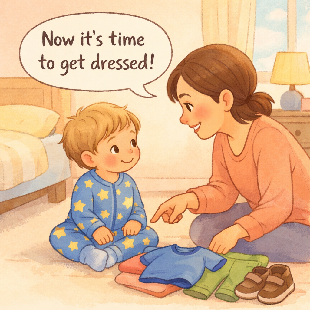 Parent talking to toddler during morning routine