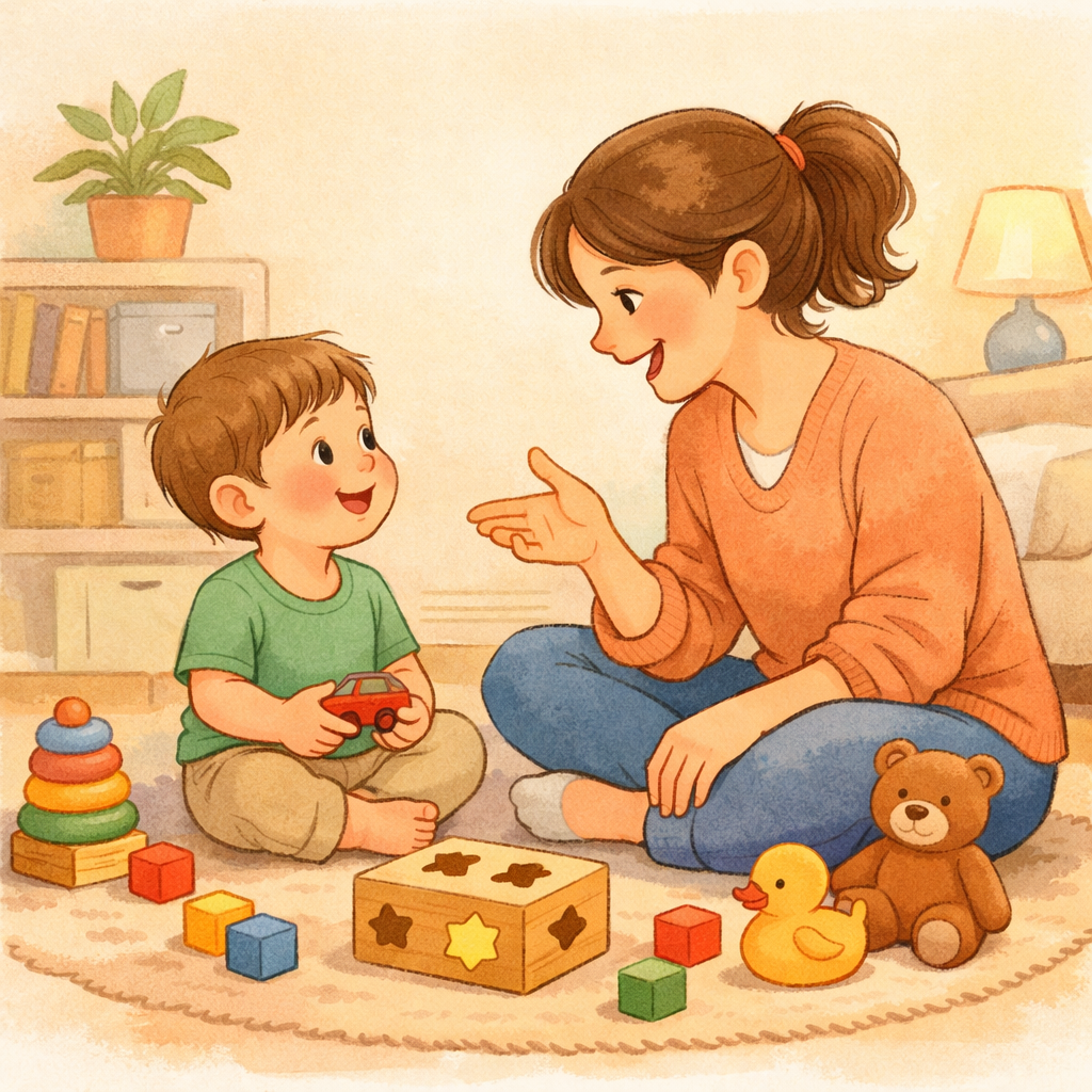 Parent talking with toddler during playtime to support language development
