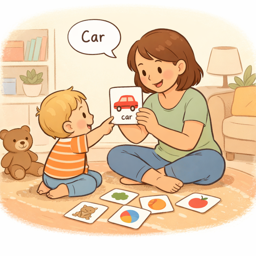 Parent using first word flashcards with a toddler at home