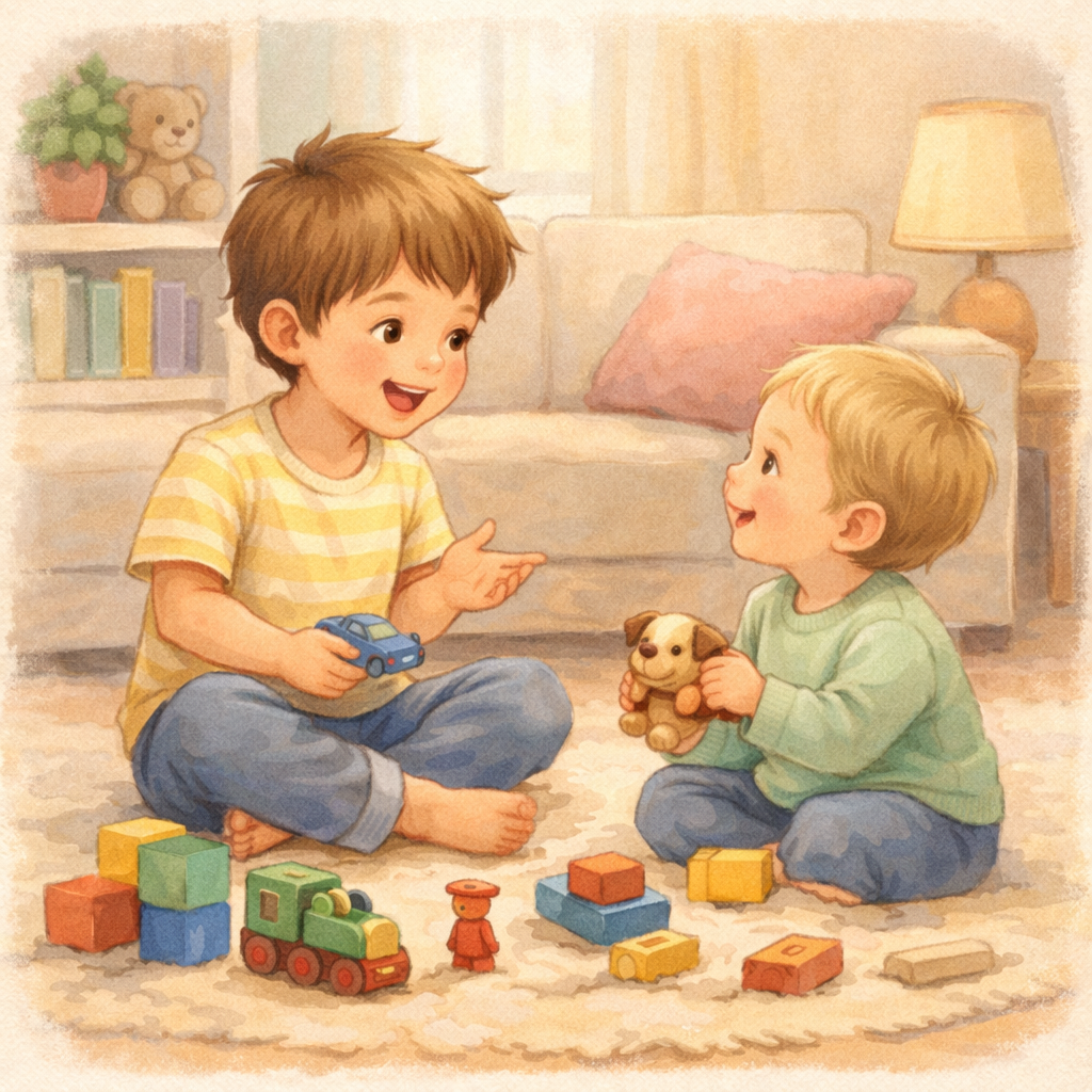 Siblings playing together and using language during play