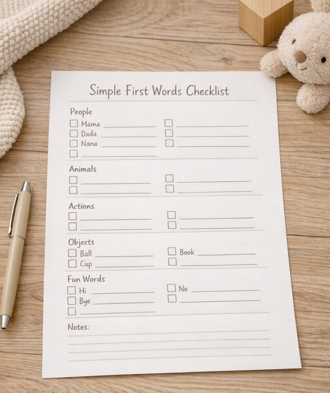 Simple paper checklist used to track a baby’s first words