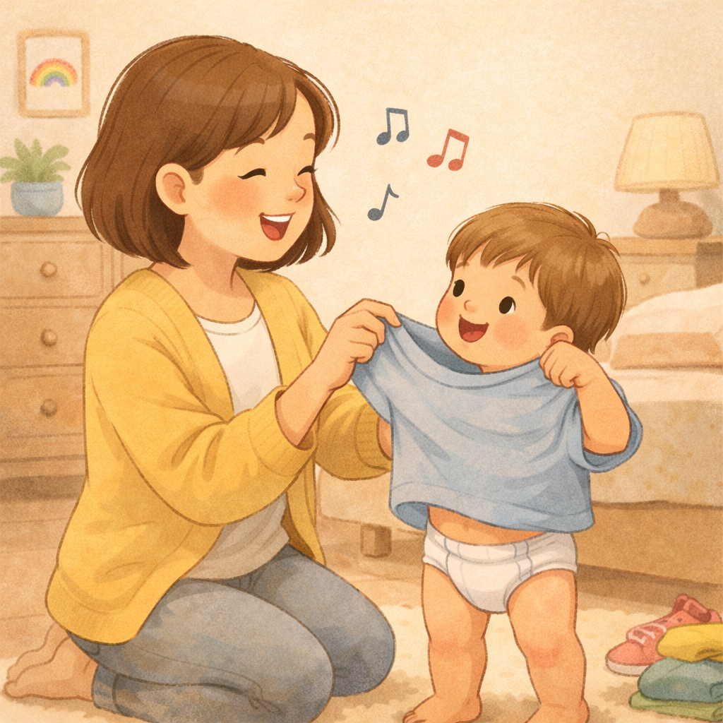 Parent singing to a toddler during a daily routine.