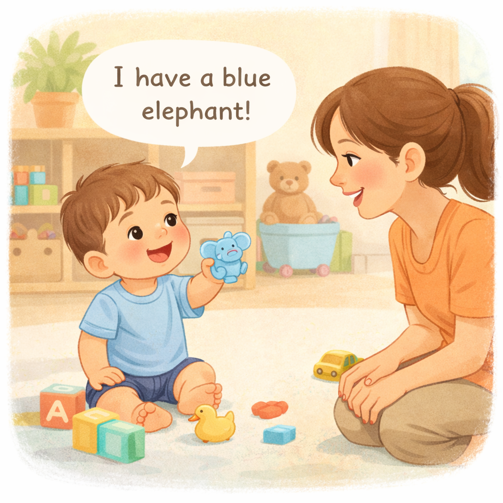 Toddler talking during playtime to practise language skills