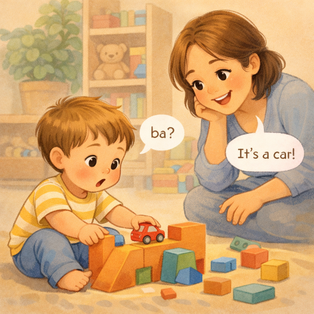 Toddler exploring toys and showing curiosity during play.