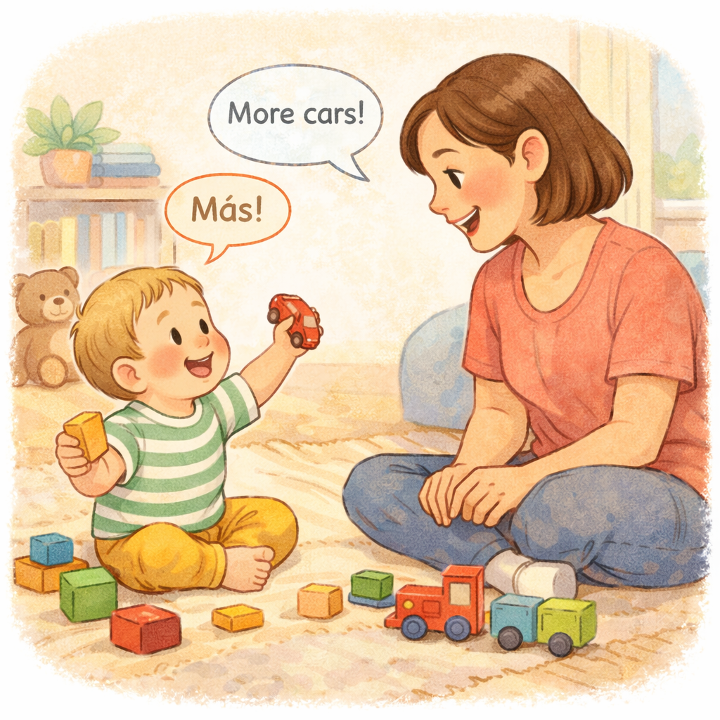 Toddler mixing languages while talking during play