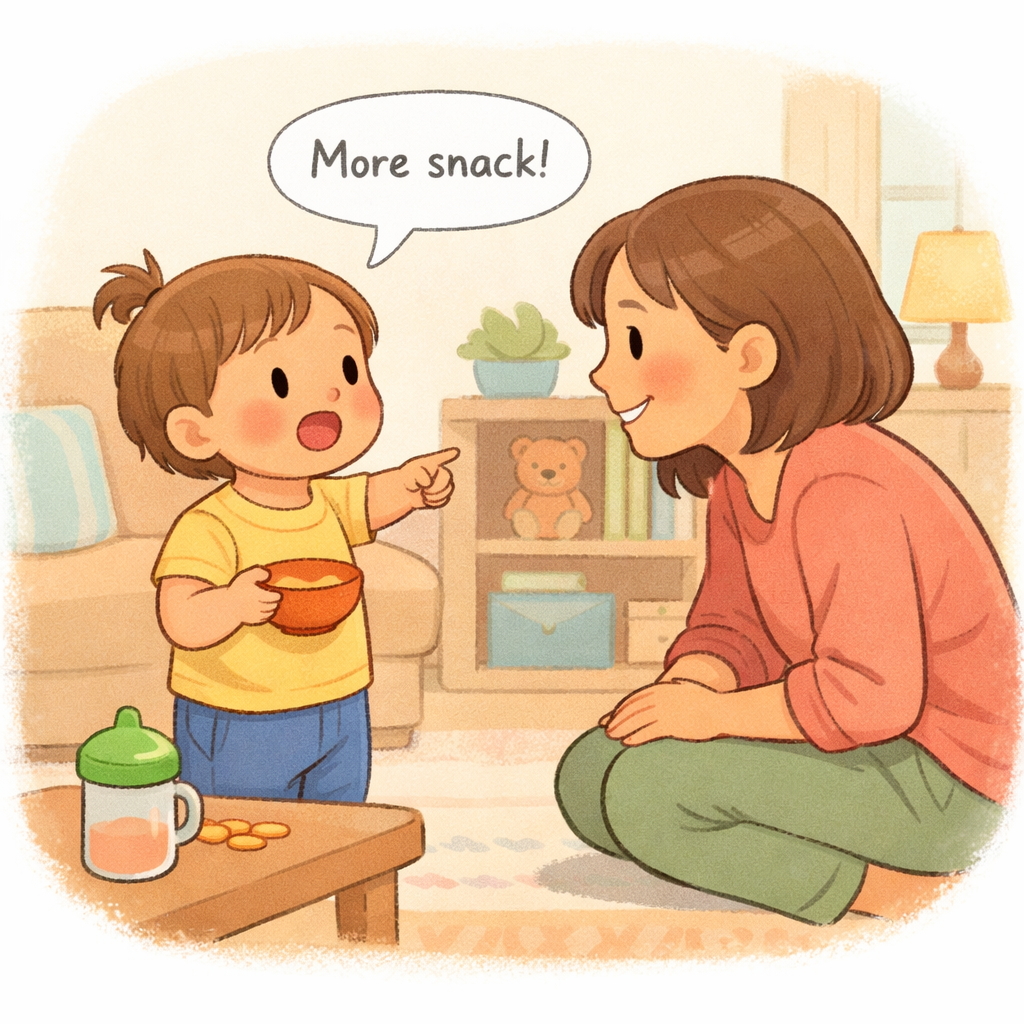 Toddler using two-word phrases during everyday routines