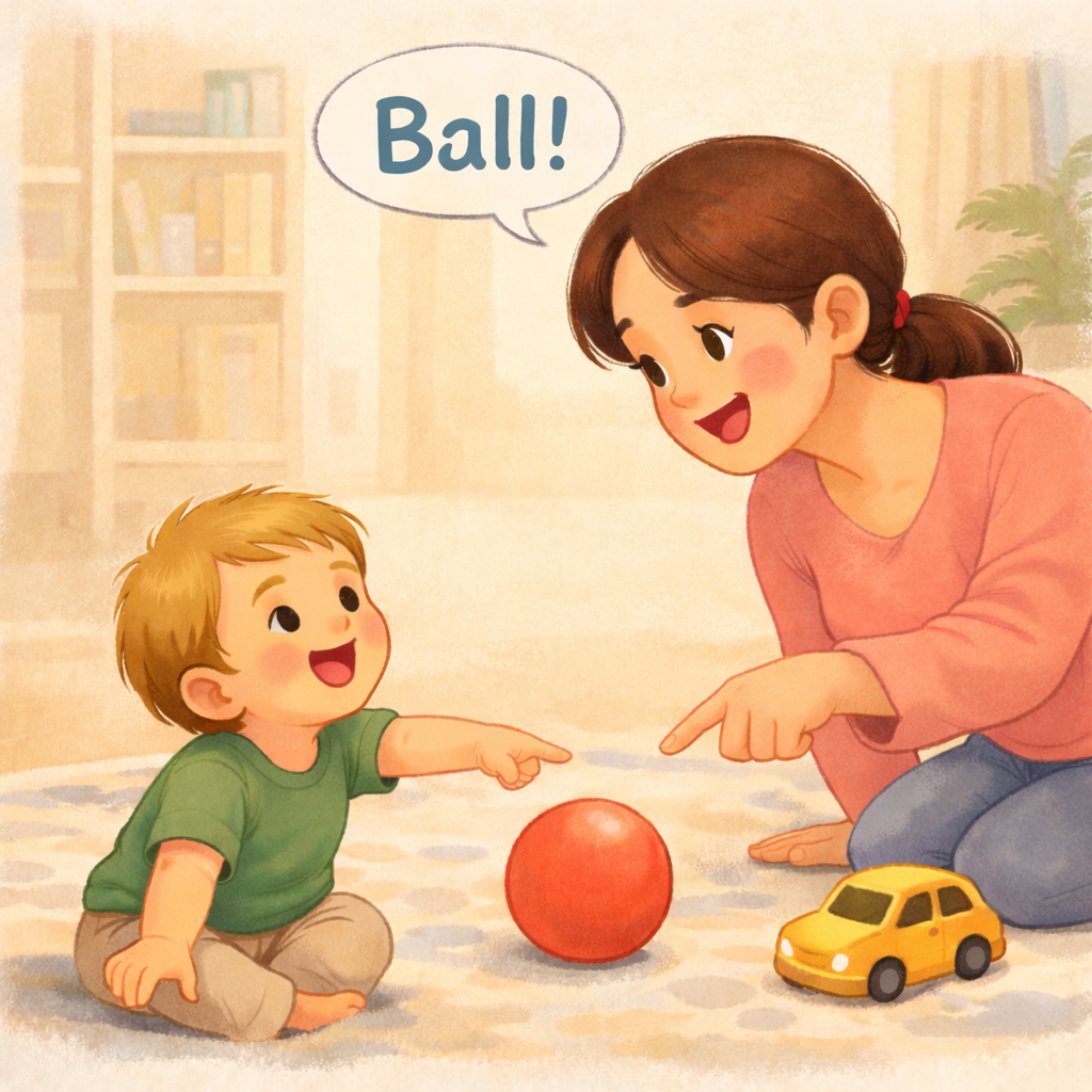 Toddler pointing while a parent names objects