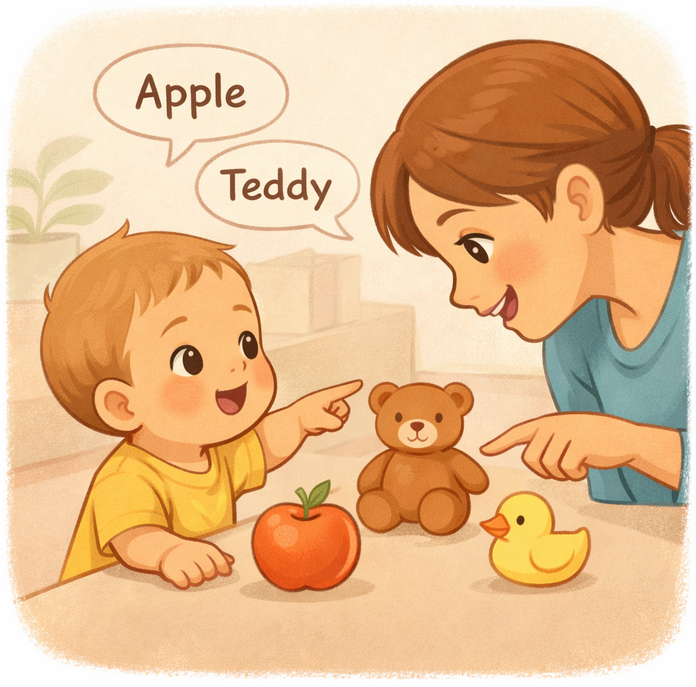 Toddler learning first words by pointing at objects