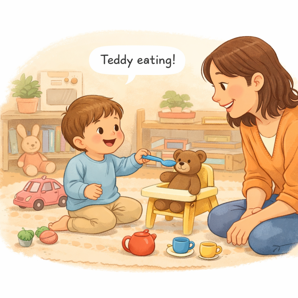 Toddler using pretend play to practise talking