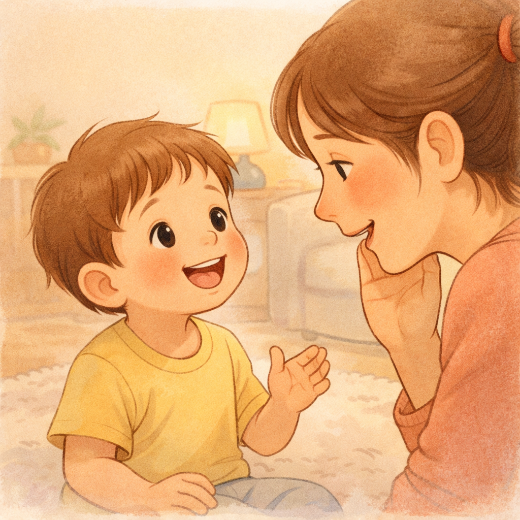 Toddler smiling after being listened to during conversation