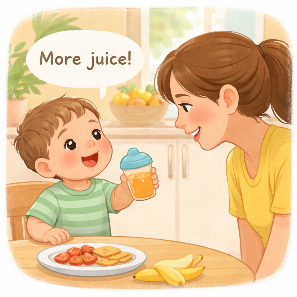 Toddler using two-word phrases during everyday routines