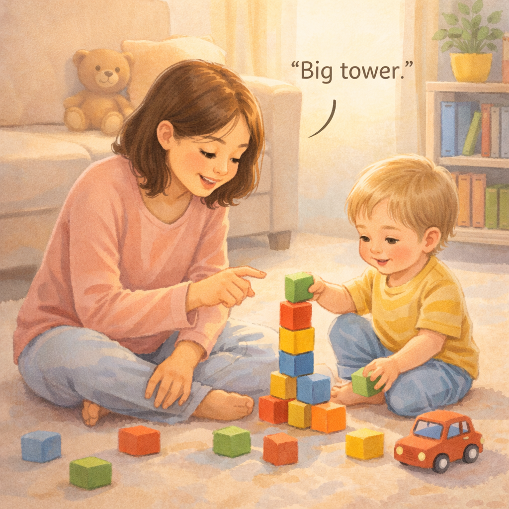 Parent describing a toddler’s play with blocks.