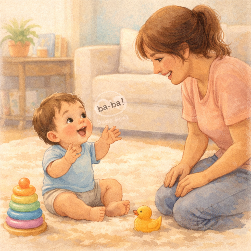 Baby babbling while parent listens and smiles.