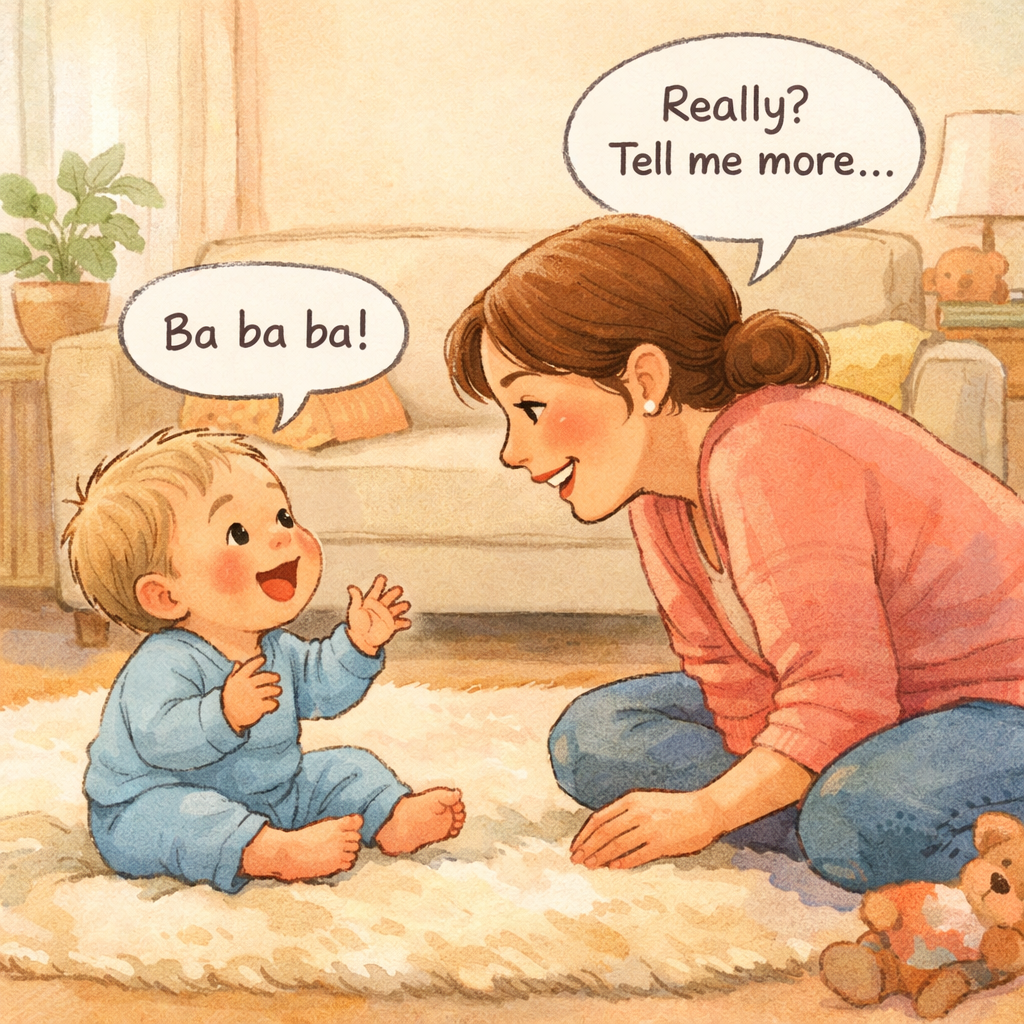 Baby babbling while a parent smiles and responds warmly.