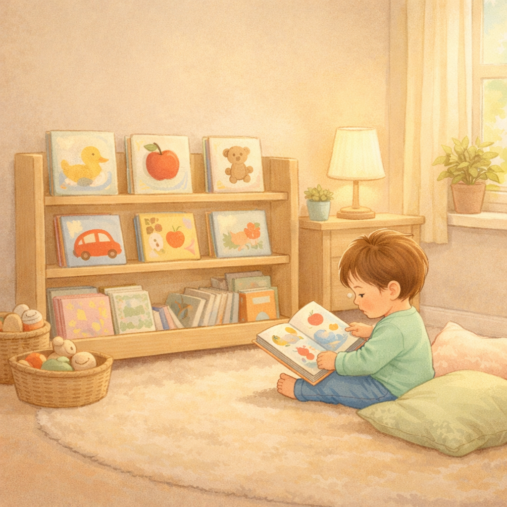 Simple toddler reading corner with low shelves and cushions.