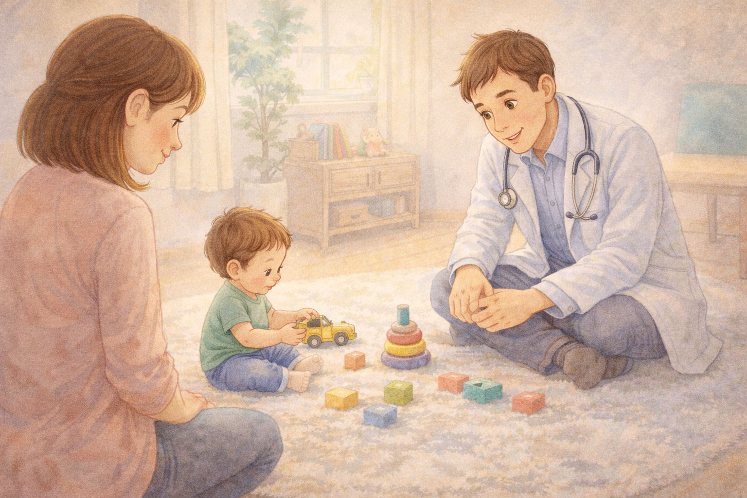 Pediatrician observing a toddler during a relaxed play-based assessment.