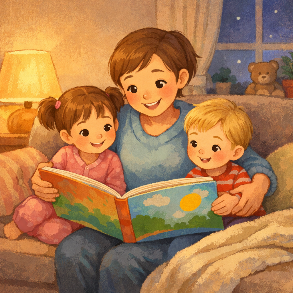 Parent and two children reading a picture book together on a cosy sofa.