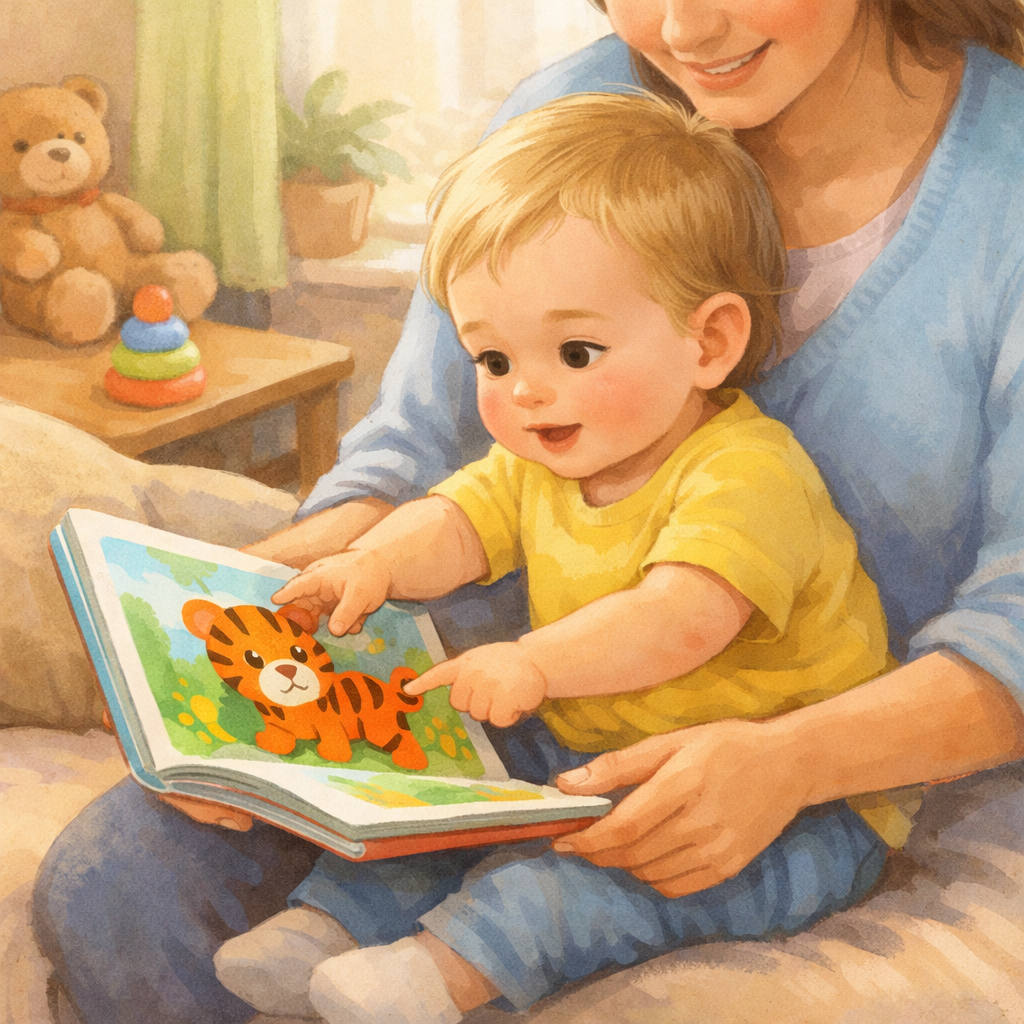 One-year-old pointing at a picture in a board book while sitting with a parent.