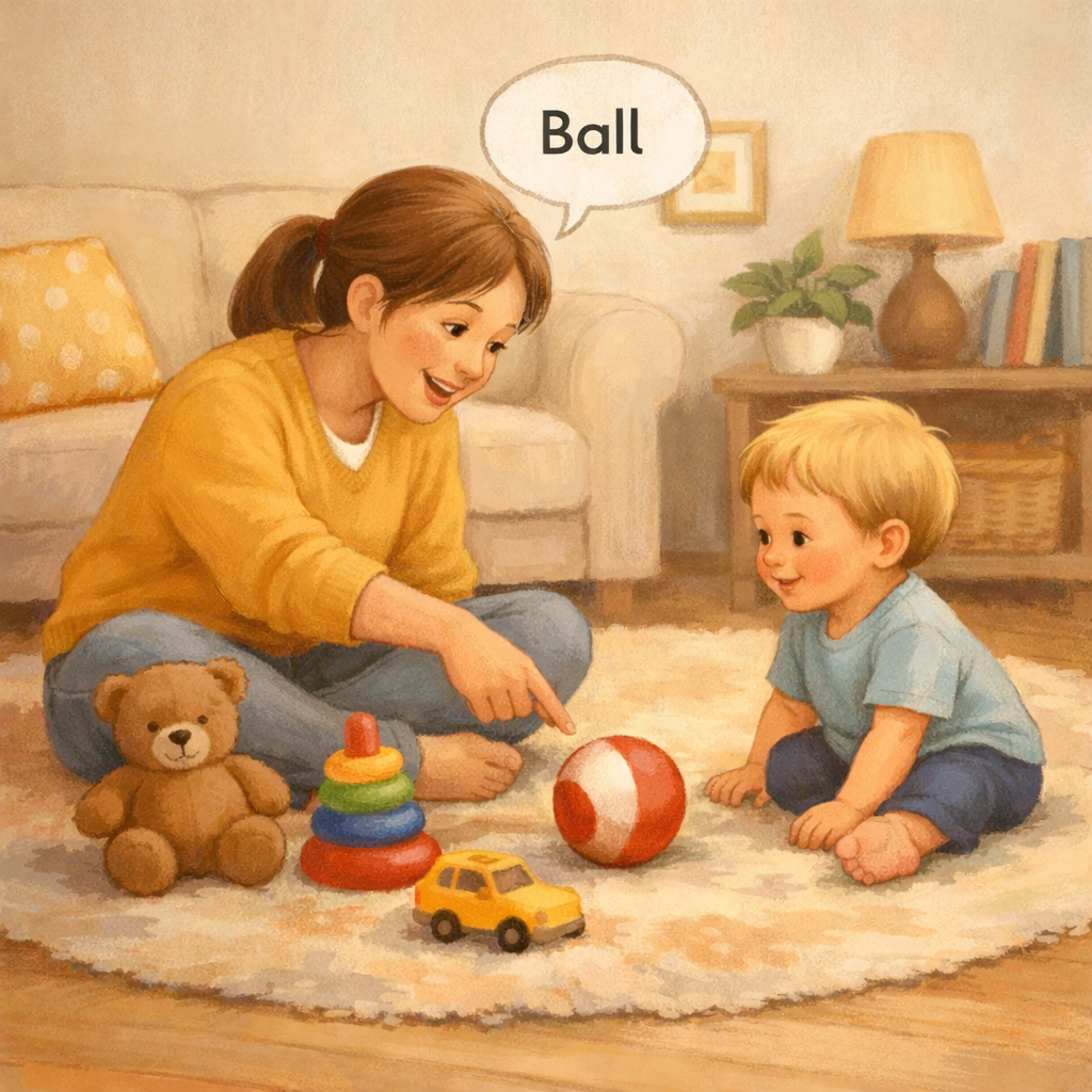 Parent naming toys while playing with a toddler on the floor.