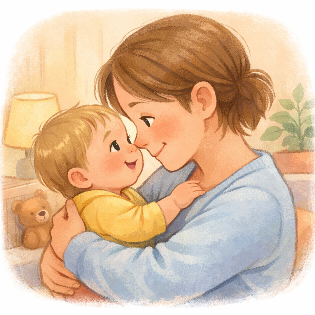 Parent and baby smiling at each other while making eye contact.
