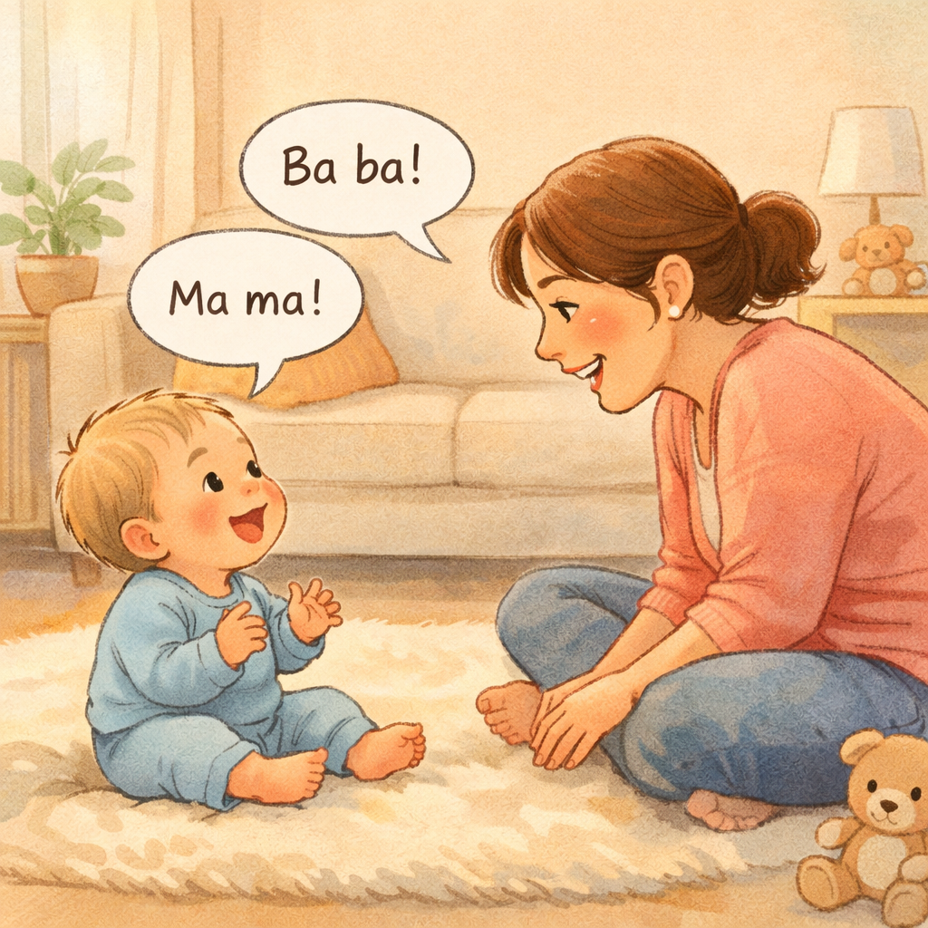 Parent and baby smiling while taking turns making sounds.