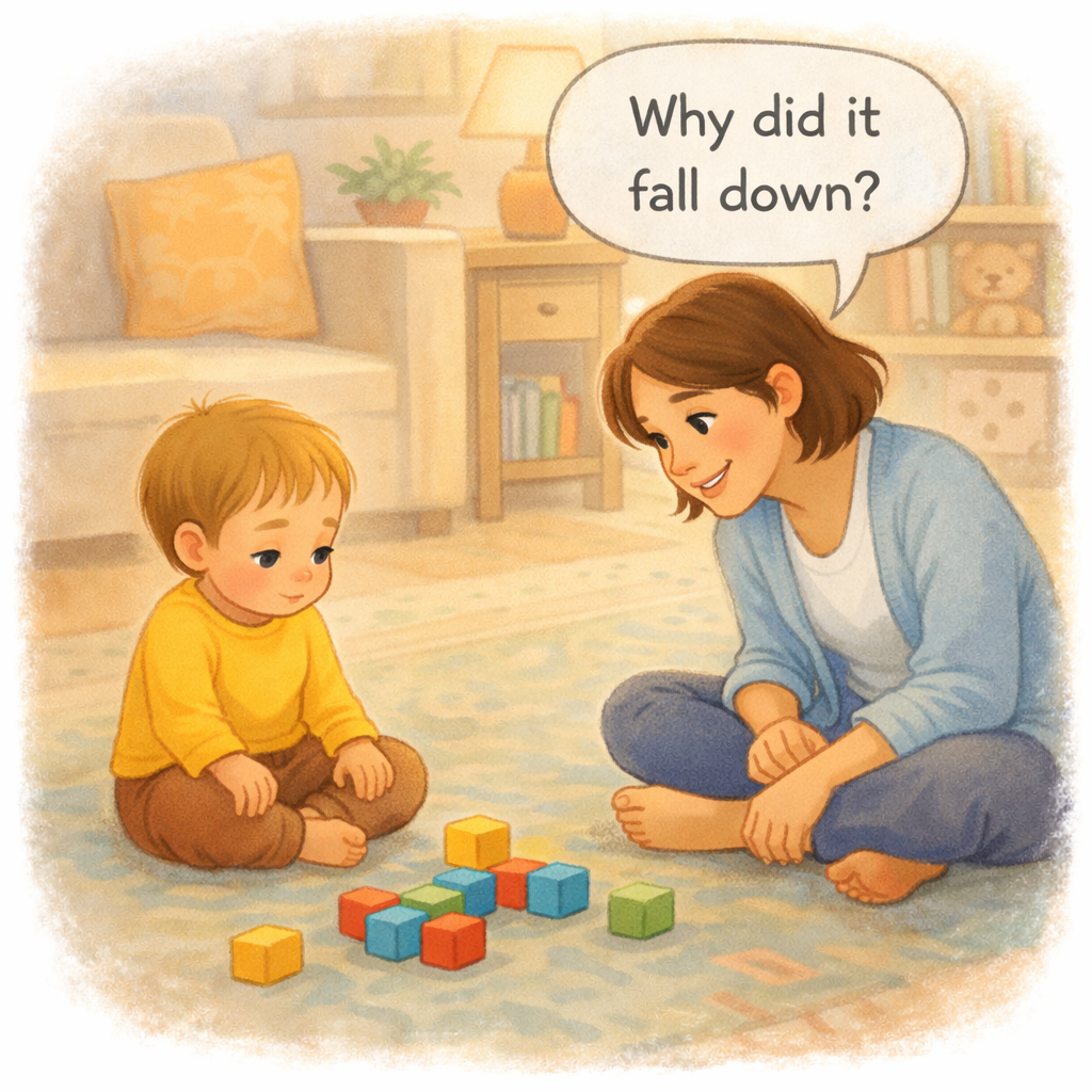 Parent asking a toddler a question while they build with blocks.