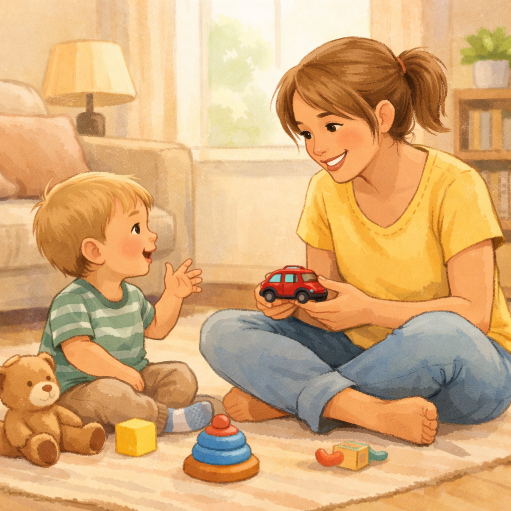 Parent and toddler chatting together during relaxed floor play.
