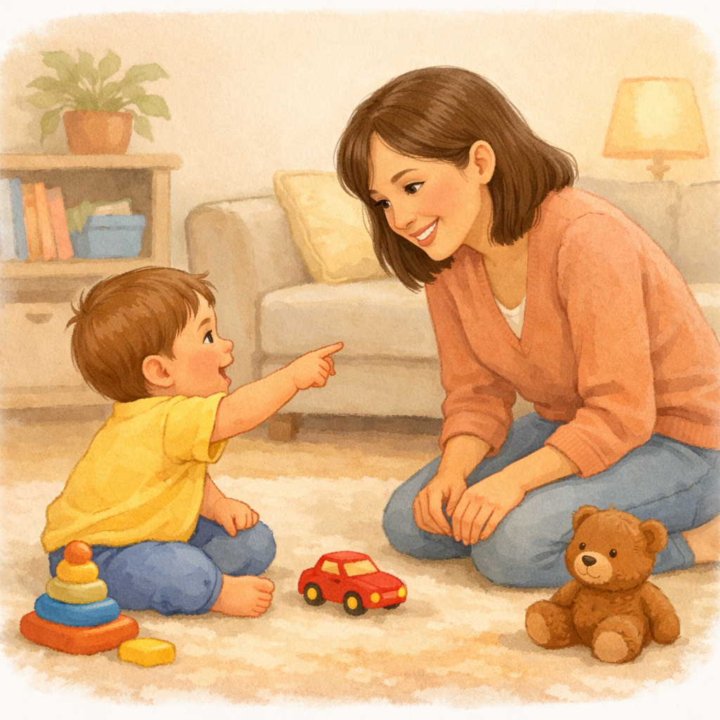 Toddler pointing at a toy while parent responds with a smile.