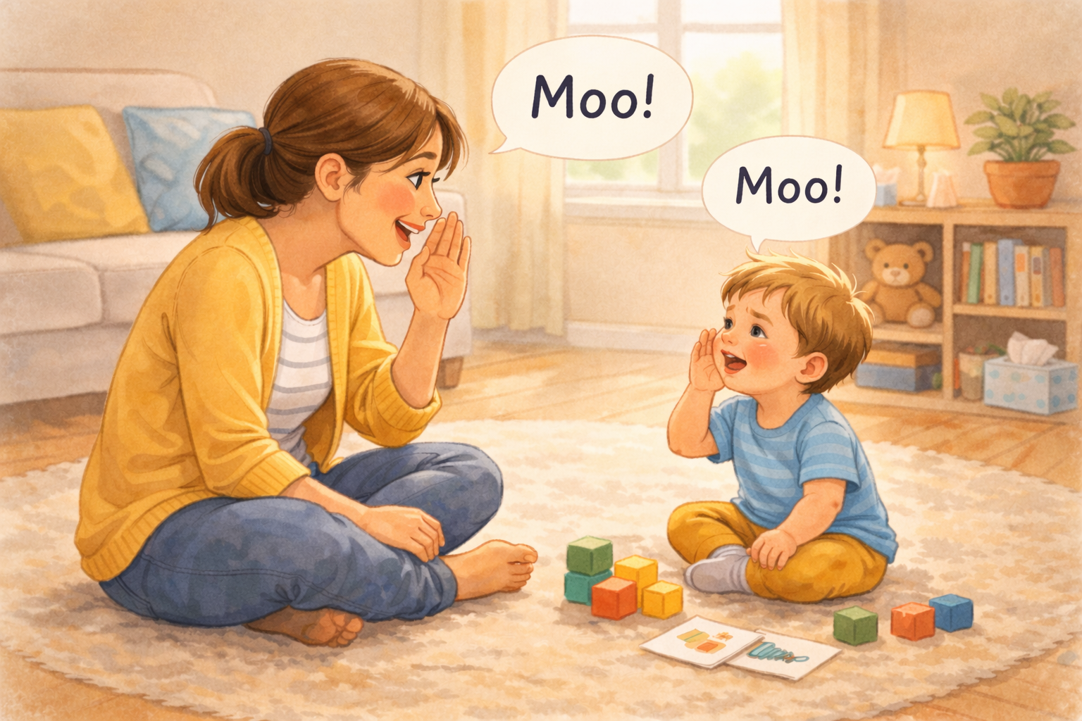 Parent and toddler smiling while copying playful sounds together.