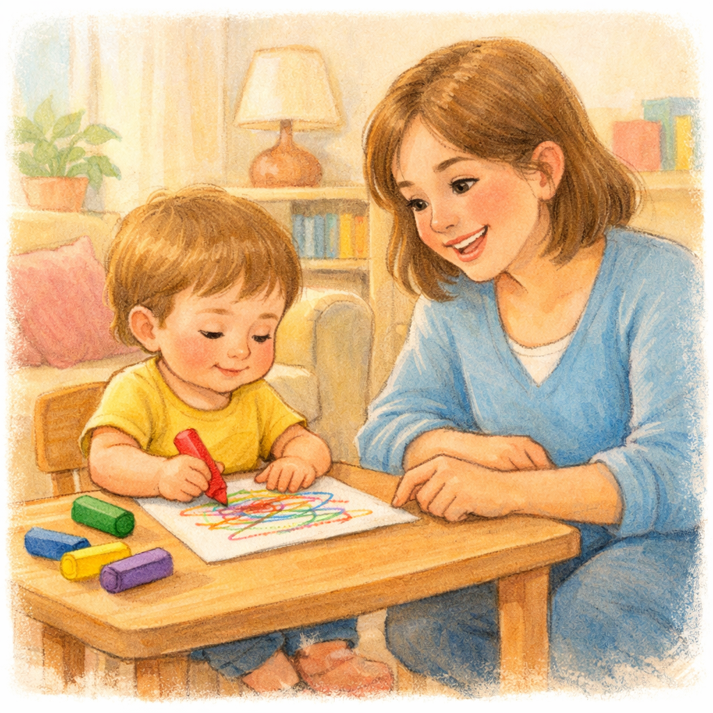 Parent and toddler drawing together and chatting at a small table.