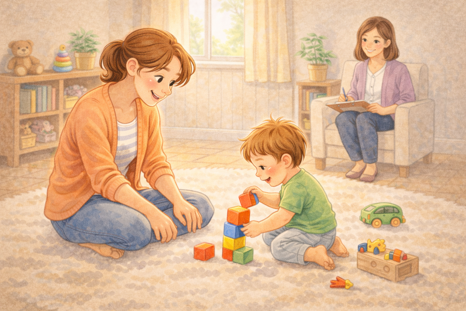 Parent and toddler playing together during a guided therapy session.