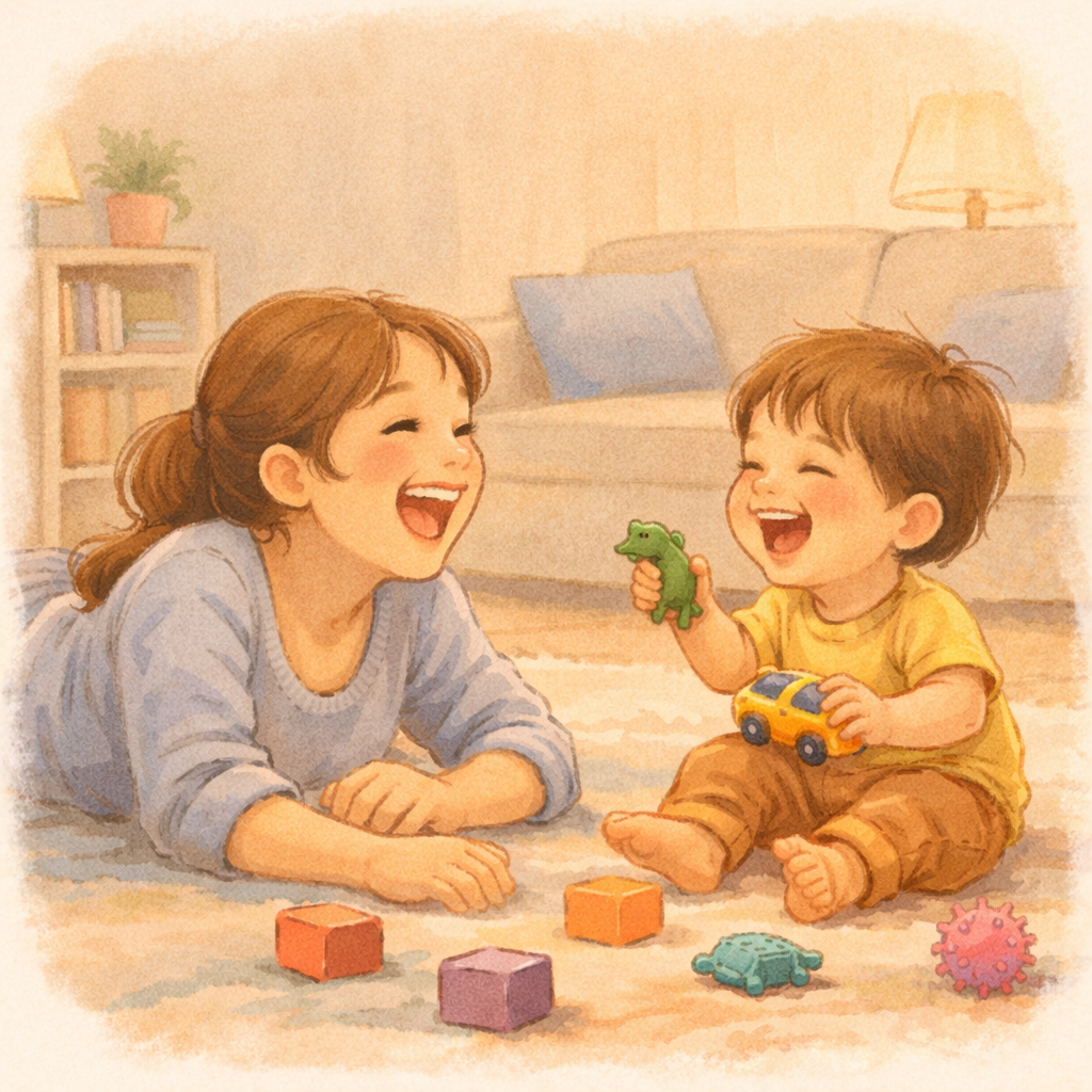 Parent and toddler laughing together while playing on the floor.