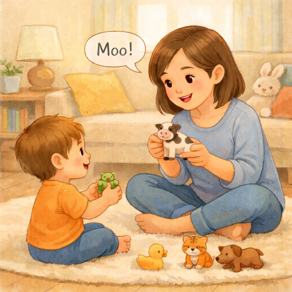 Parent and toddler making animal sounds together during play.