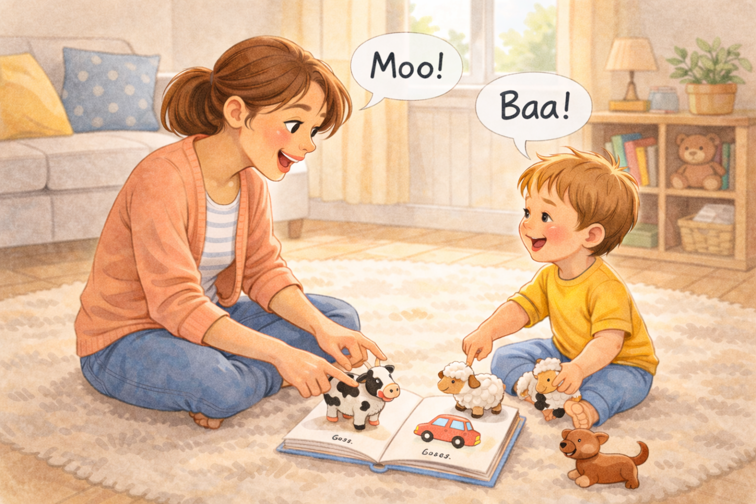 Parent and toddler playing with toy animals and making sounds.